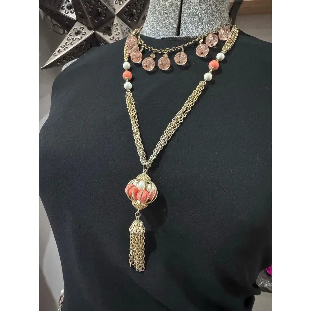 Vintage Romantic Layered Necklace Set – Pink Glass Charm Collar & Tassel